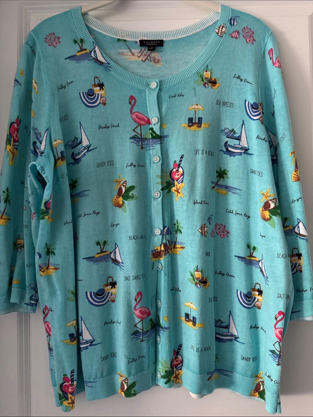 Talbots 3/4 sleeve Aqua Beach Print cardigan (like new)